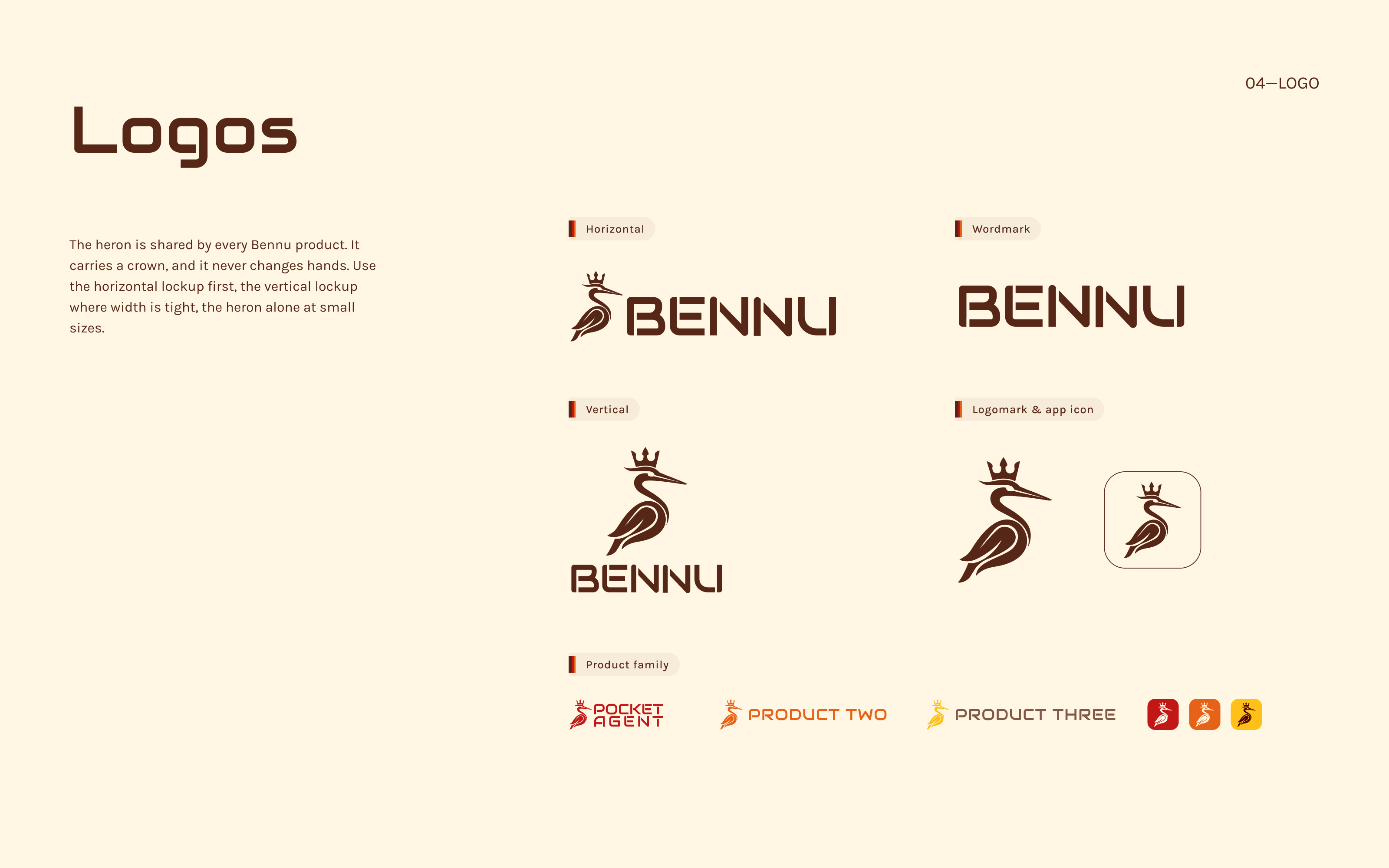 The Bennu Labs logos page: the heron and wordmark lockups in each colourway