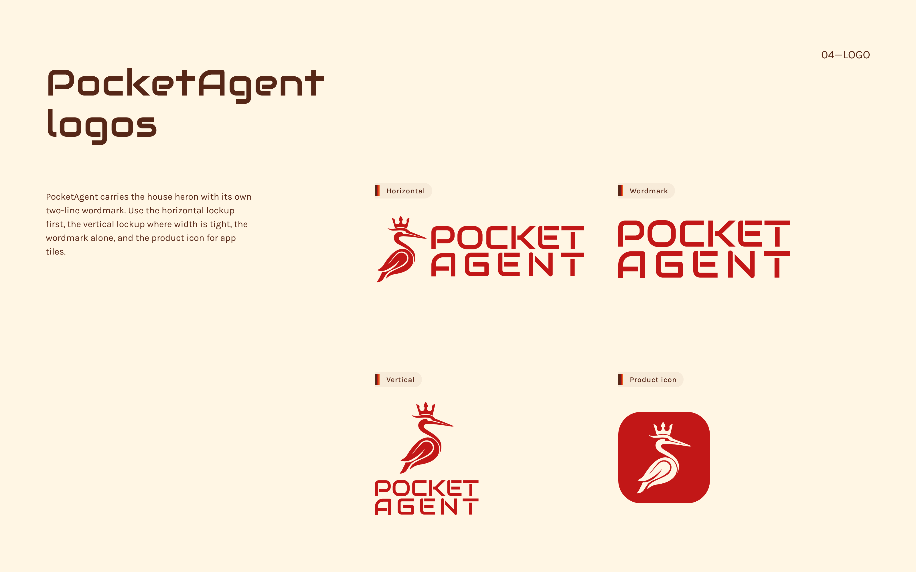 The PocketAgent logos page: the heron with the PocketAgent wordmark in Brick and its other colourways