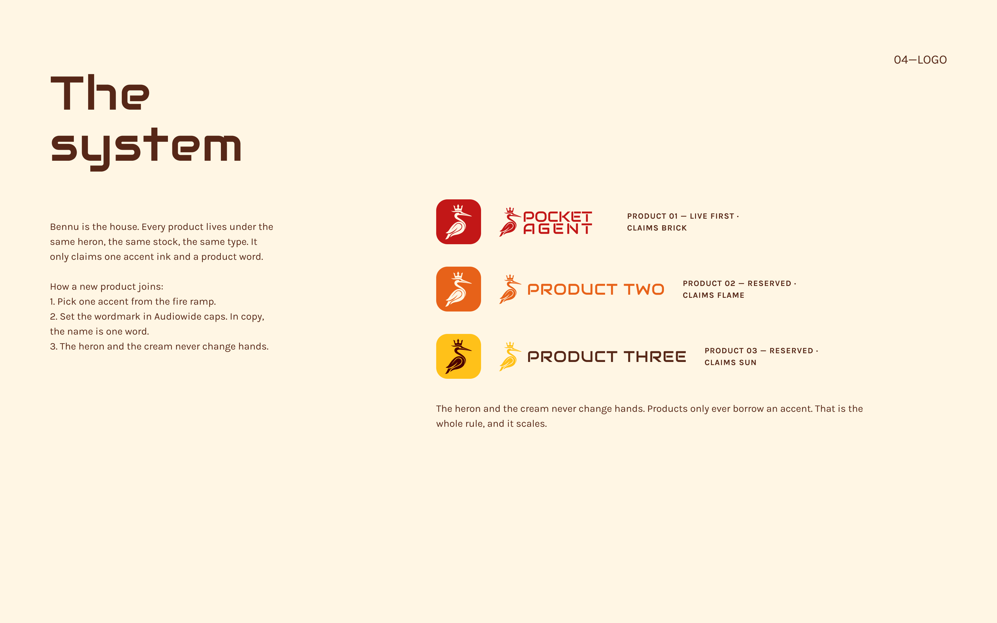 The product system page from the Bennu guidelines: PocketAgent, Product Two and Product Three, each with the crowned heron and its own accent colour