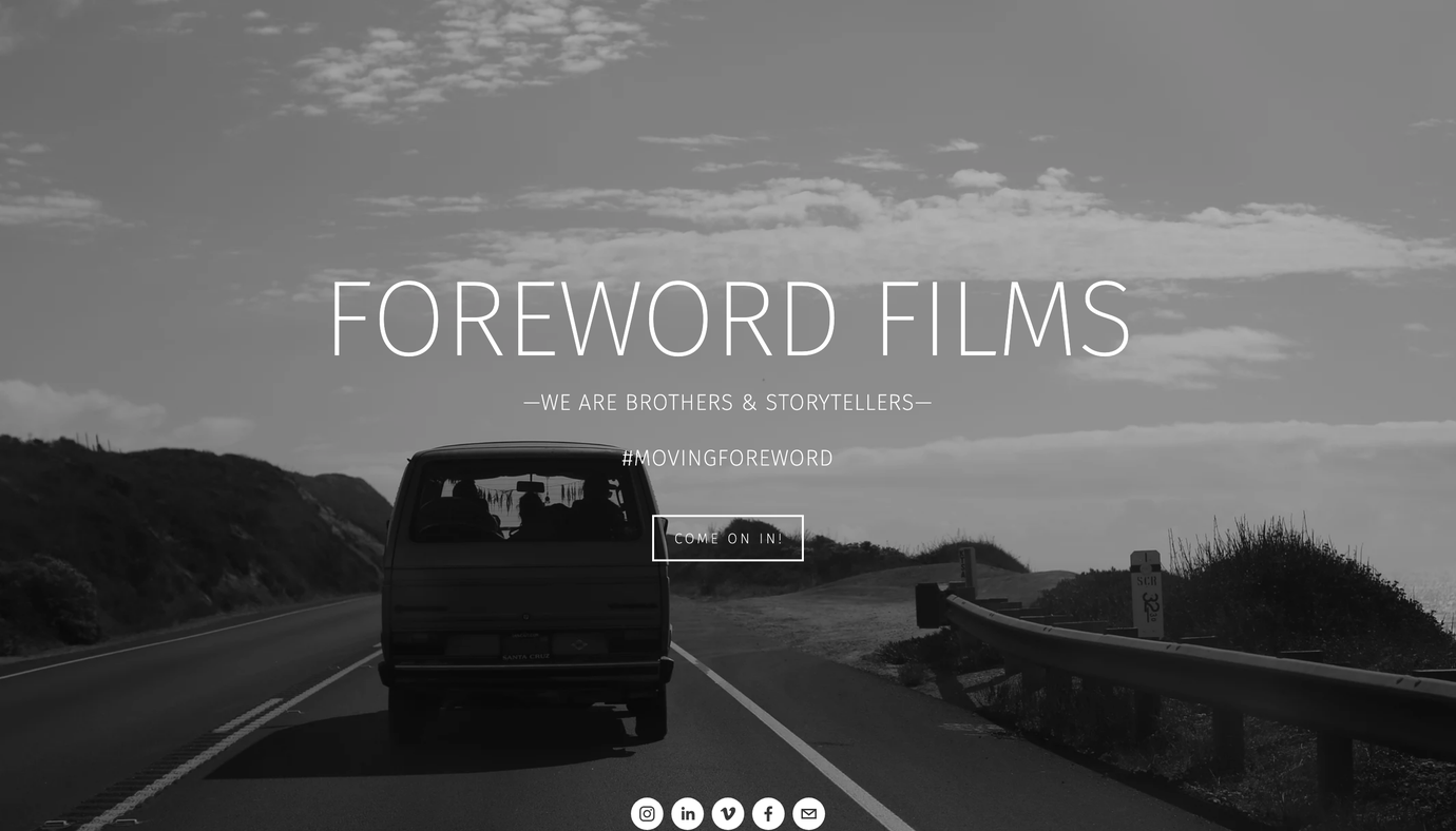Foreword Films' previous website: a black-and-white photo of their van on a coastal highway under a thin FOREWORD FILMS headline