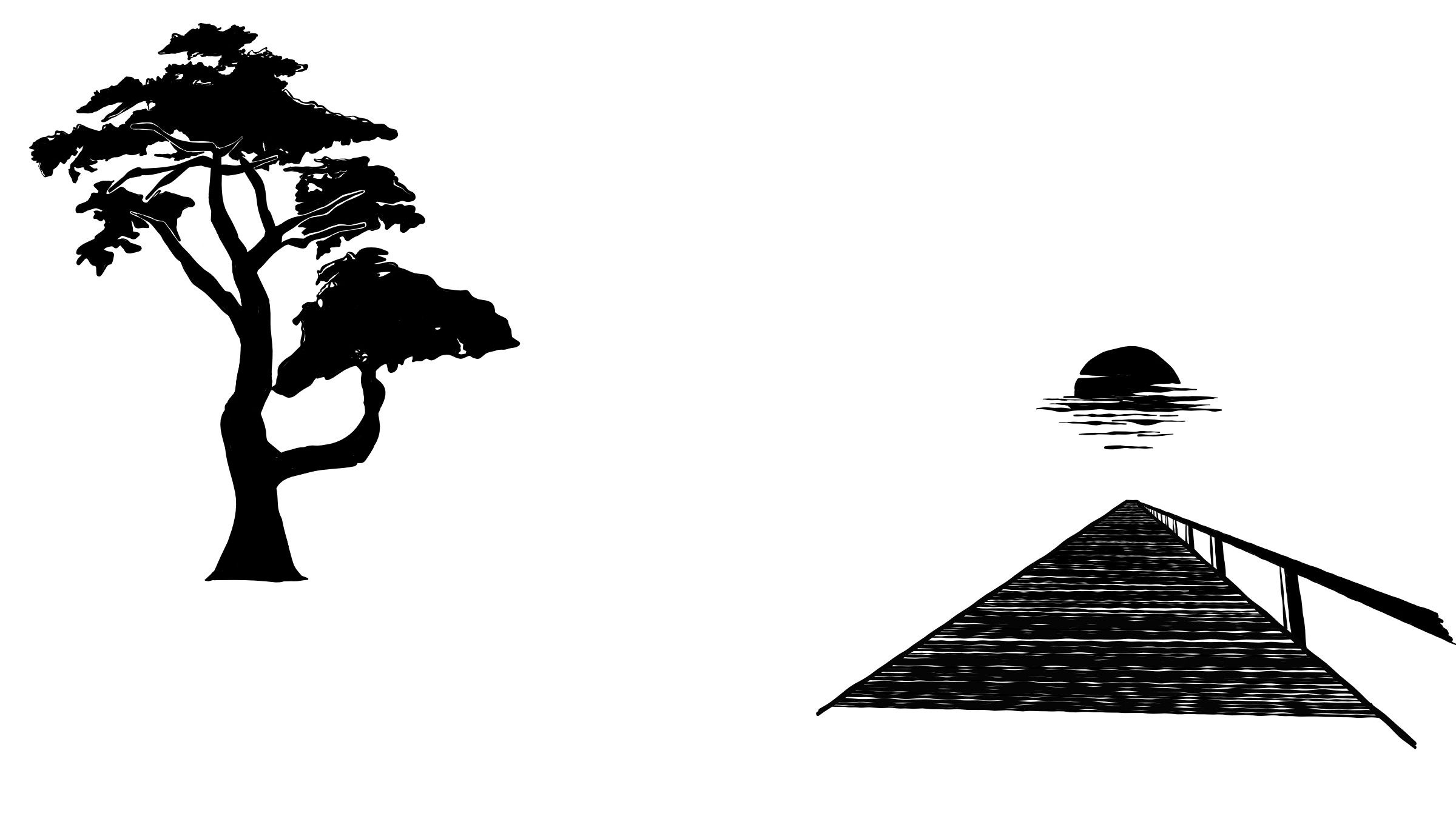 Hand-drawn studies of a windswept cypress tree and a wooden dock running toward a setting sun