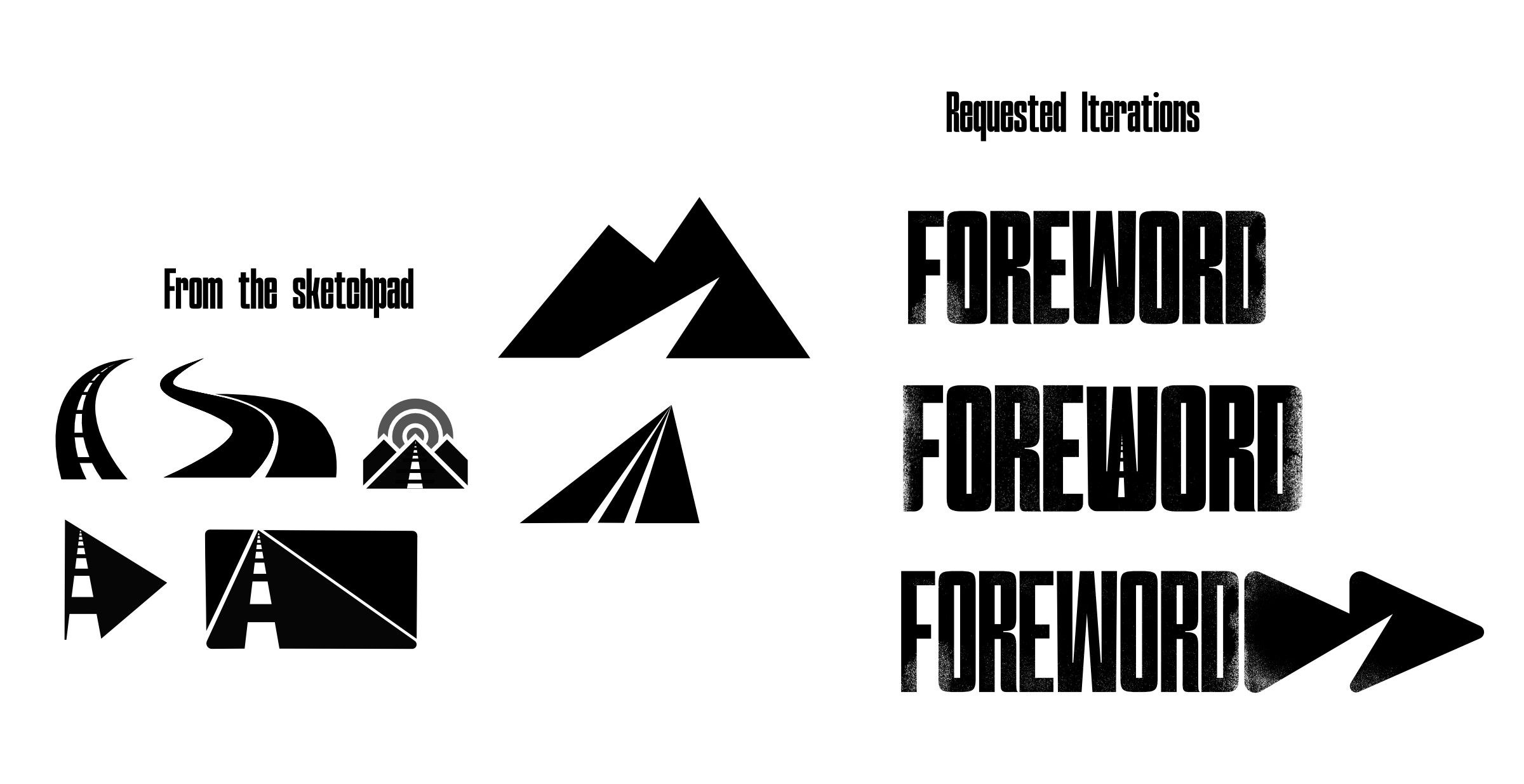 A working page of road, mountain and arrow thumbnails from the sketchpad, next to three requested iterations of the Foreword wordmark