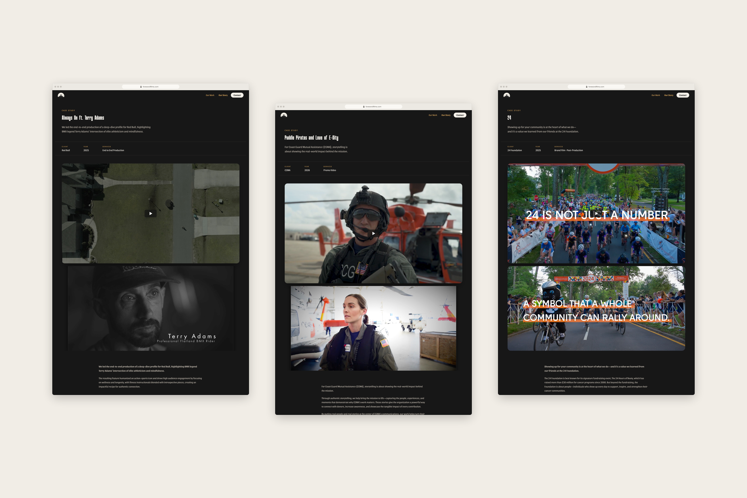 Three Foreword Films case-study pages side by side, each opening on real film stills from their projects