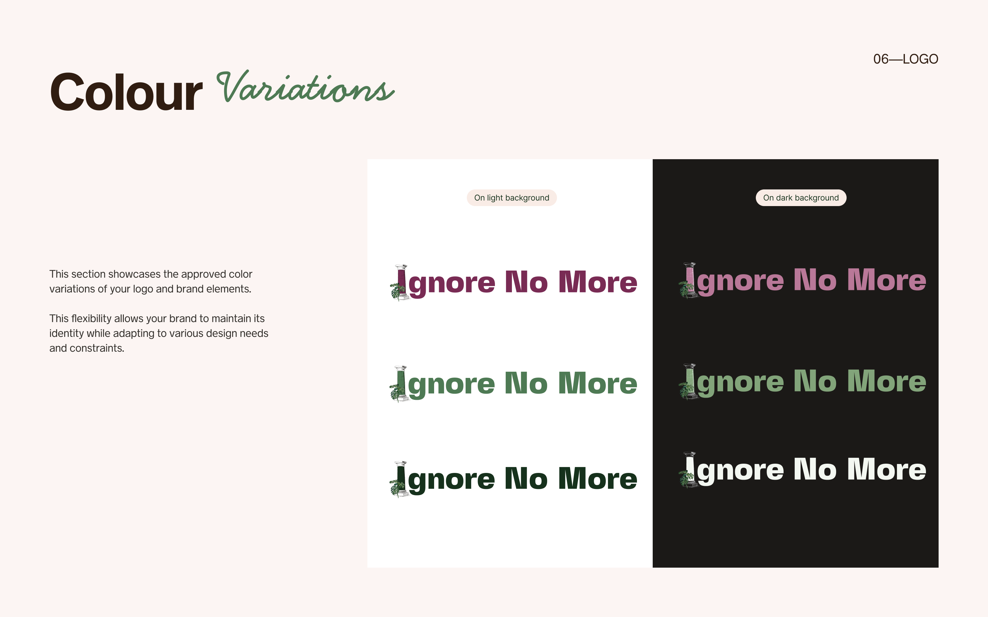 Ignore No More logo colour variations: the pillar mark and wordmark in mulberry, green and white on light and dark backgrounds