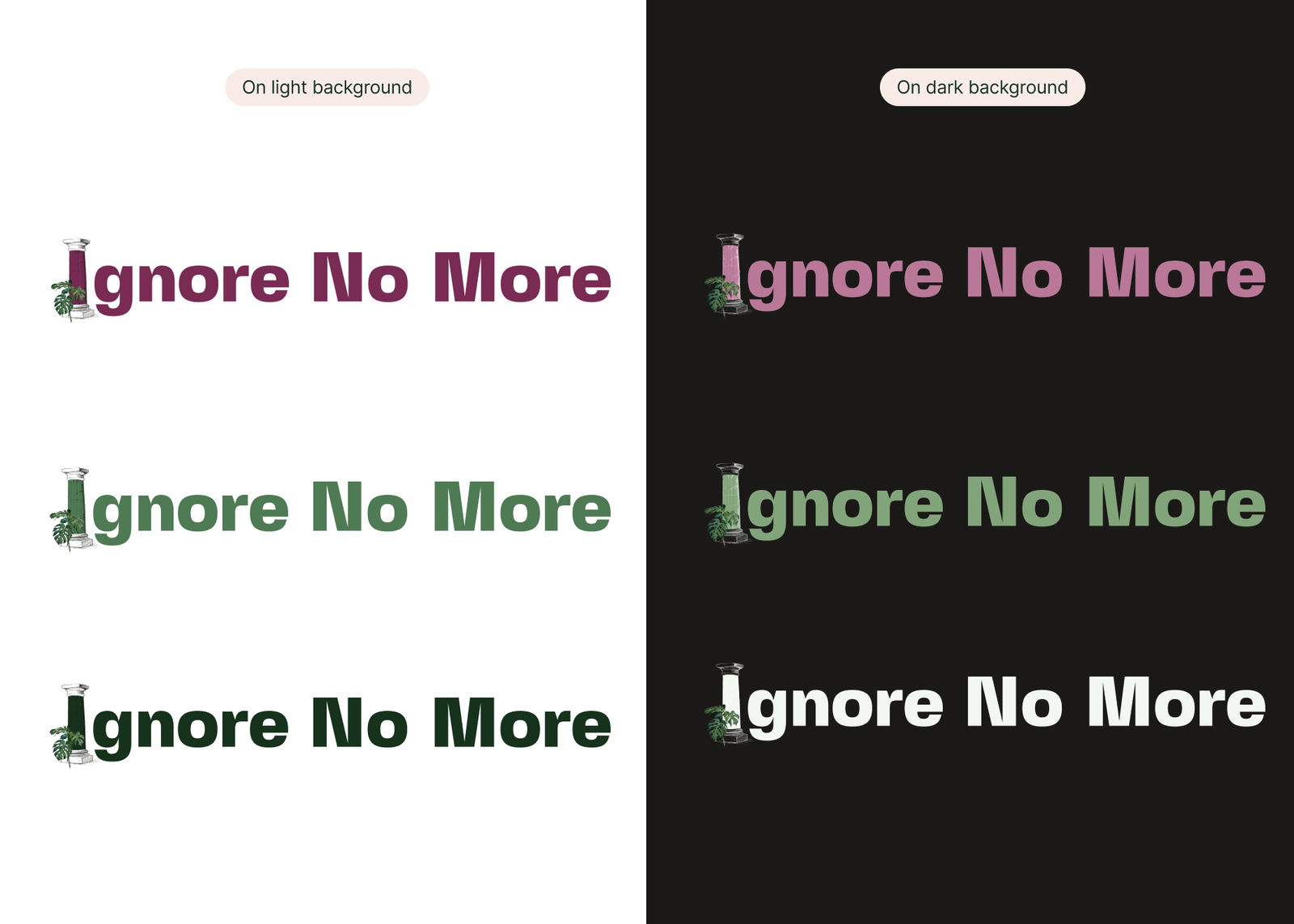 Ignore No More logo colour variations: the pillar logo in mulberry, green and white on light and dark backgrounds