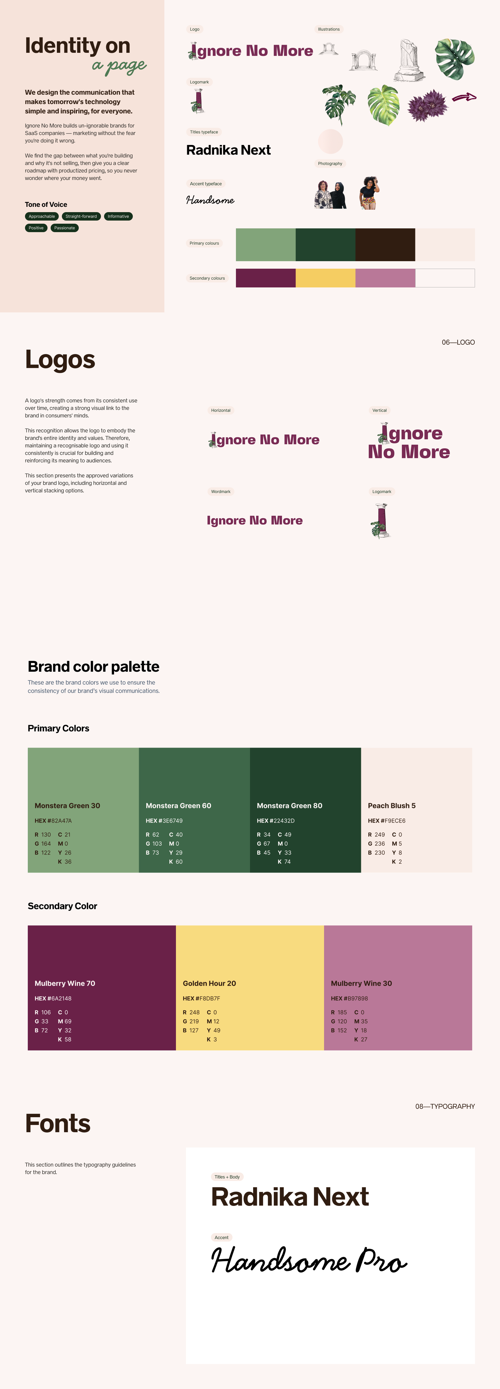 Pages from the Ignore No More brand guidelines stacked in a column: identity on a page, the logo lockups, the brand colour palette and the fonts